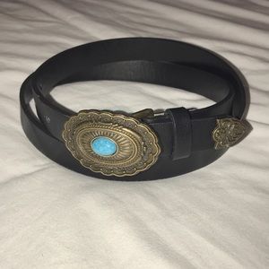 Vegan leather black belt with blue stone buckle